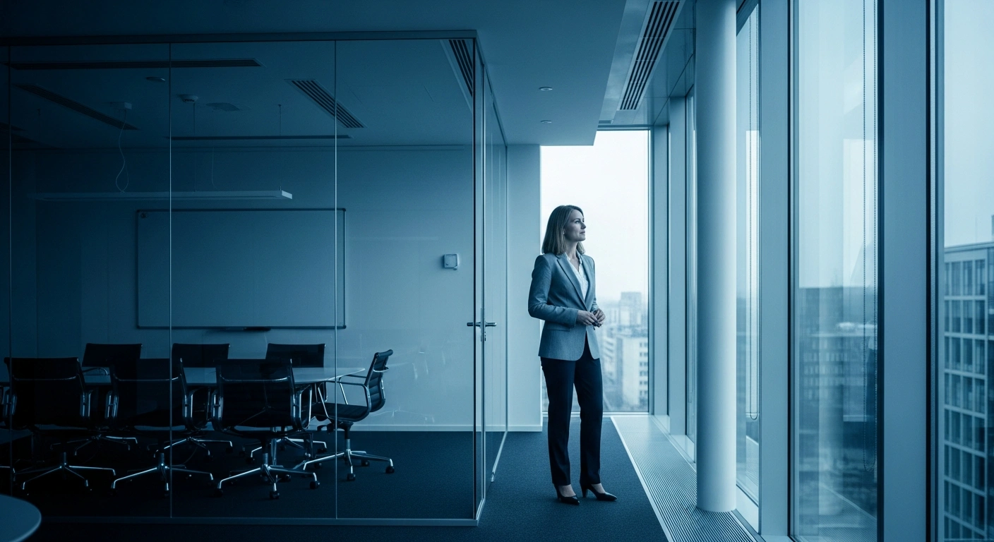 A professional business leader stands in a modern office overlooking a city as Mervi Airaksinen takes over as interim Microsoft country manager for Denmark and Iceland.
