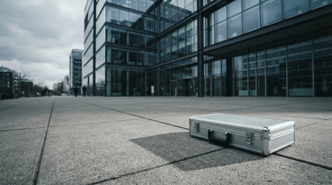 A modern corporate office building stands in the background as a metal briefcase sits on a plaza, representing the U.S. Department of Labor's suspension of Microsoft from the PERM program.