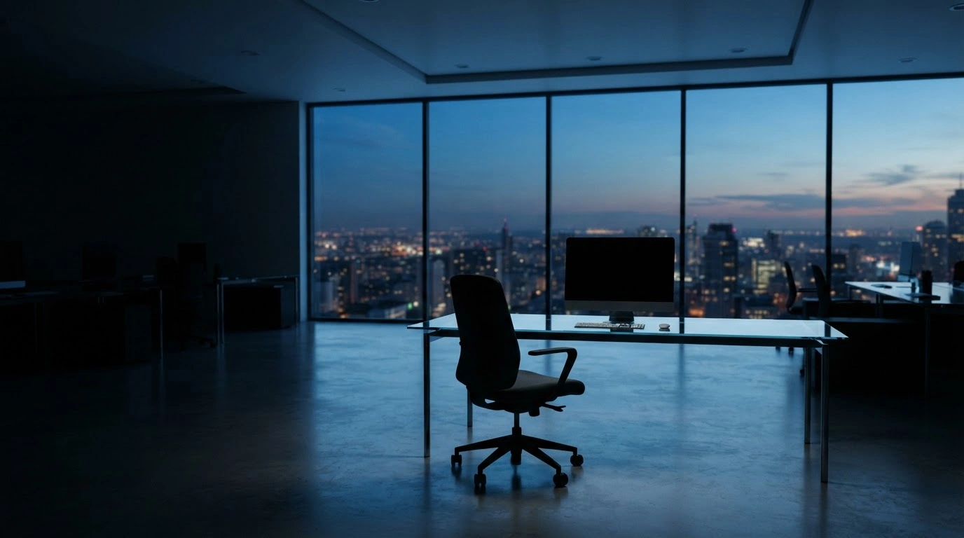An empty office workstation at dusk represents the Microsoft voluntary buyout program affecting thousands of employees globally.