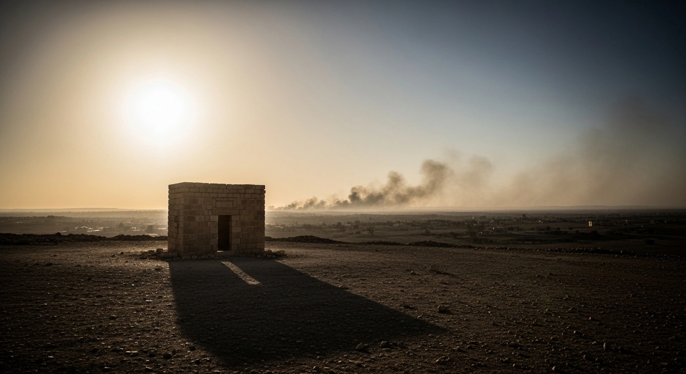 A wide-angle view of a desolate Middle Eastern landscape during sunset, representing the urgent call for a ceasefire and regional stability.