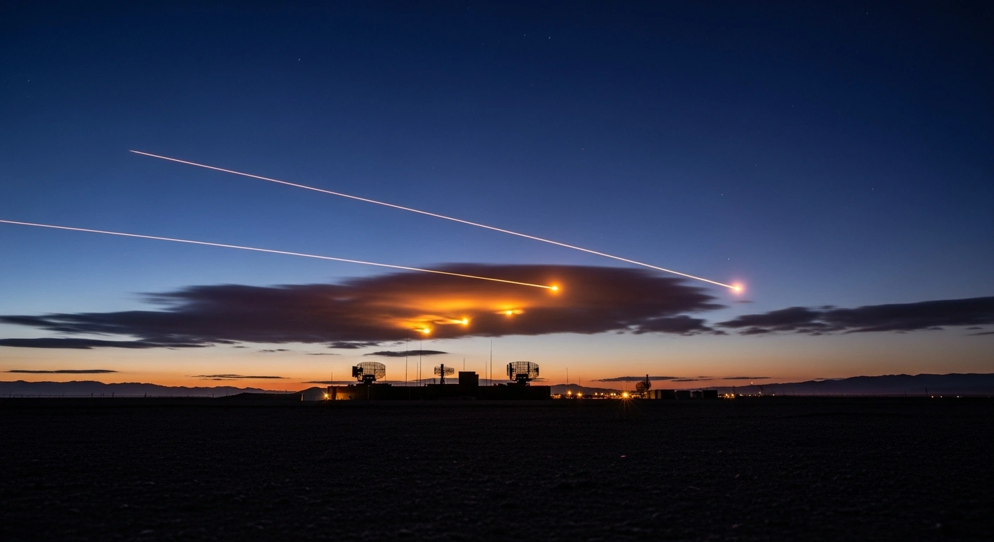 A military base in the Middle East is illuminated by interceptor missiles during a reported drone and missile attack.