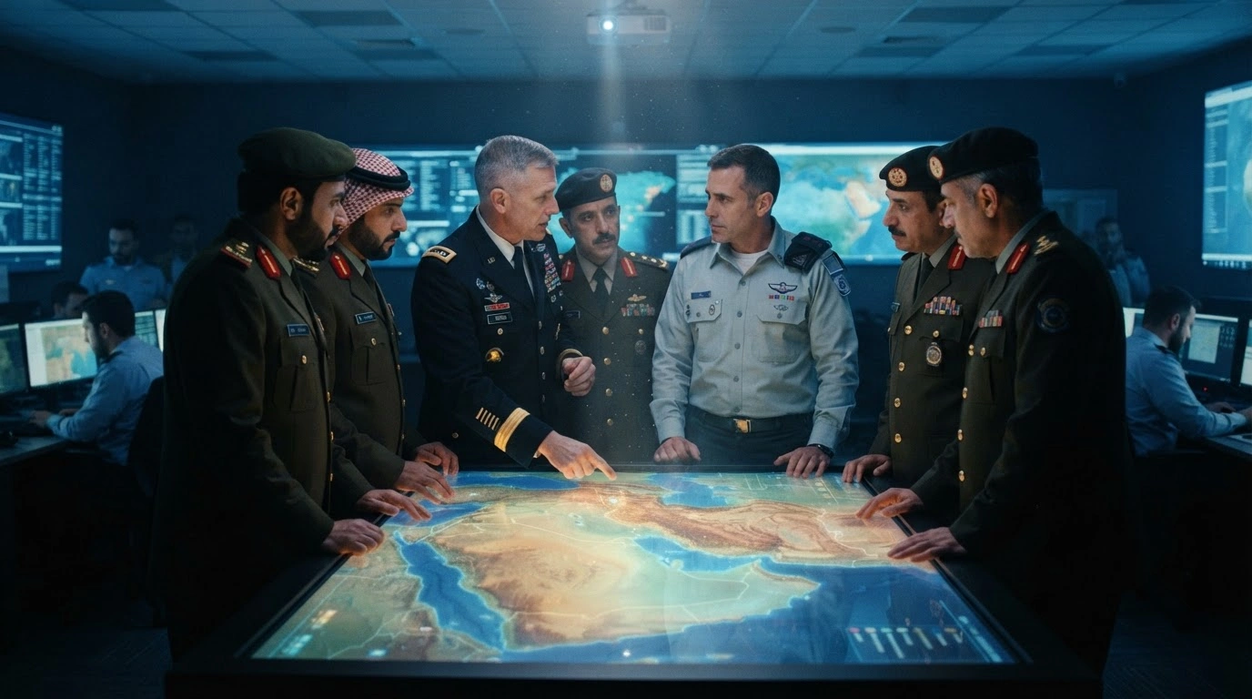 Military leaders from the United States, Israel, and Arab nations gather around a digital map to discuss regional security and missile defense strategies in the Middle East.