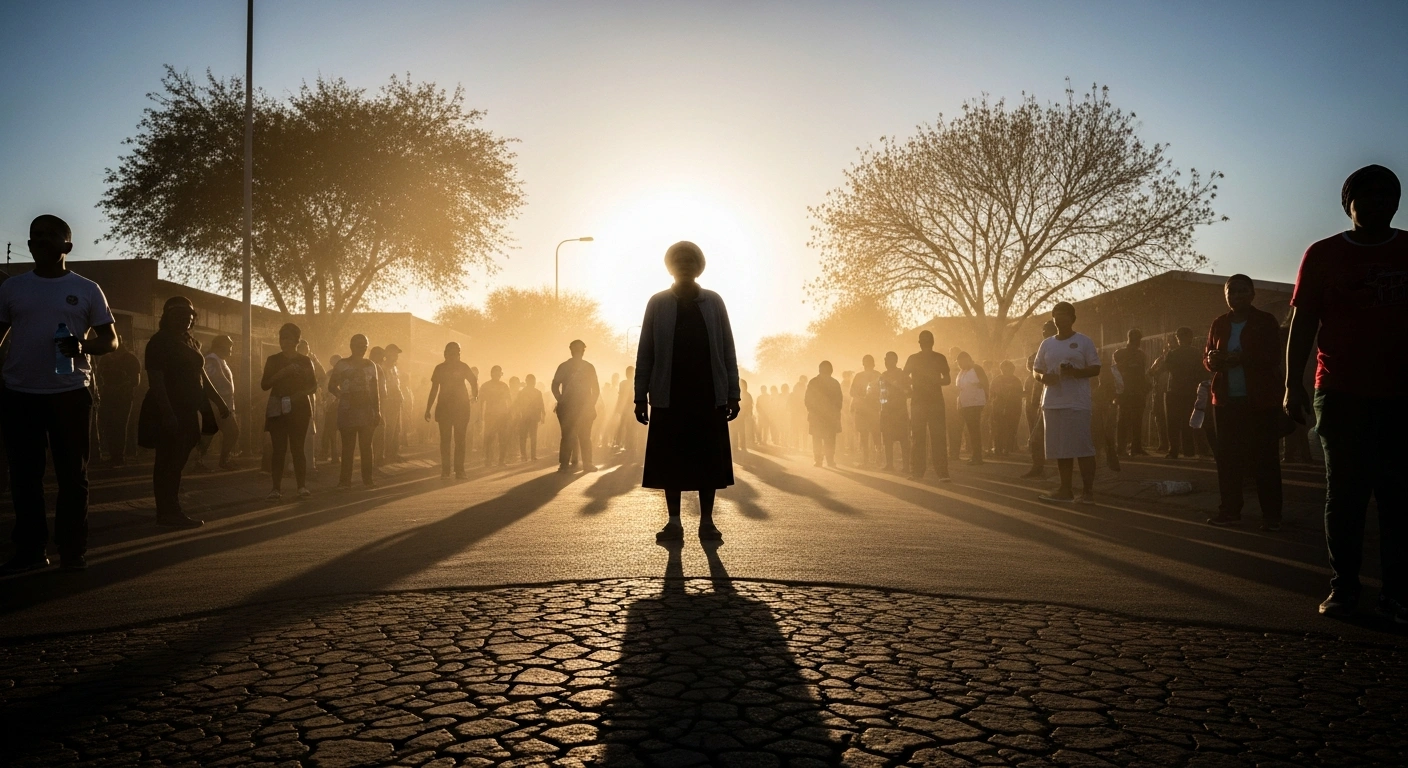 A wide, slightly low-angle photograph captures residents in Midrand, South Africa, protesting a six-day water outage that has left large parts of Johannesburg without supply, with determined faces visible amidst a dusty, sun-drenched street.