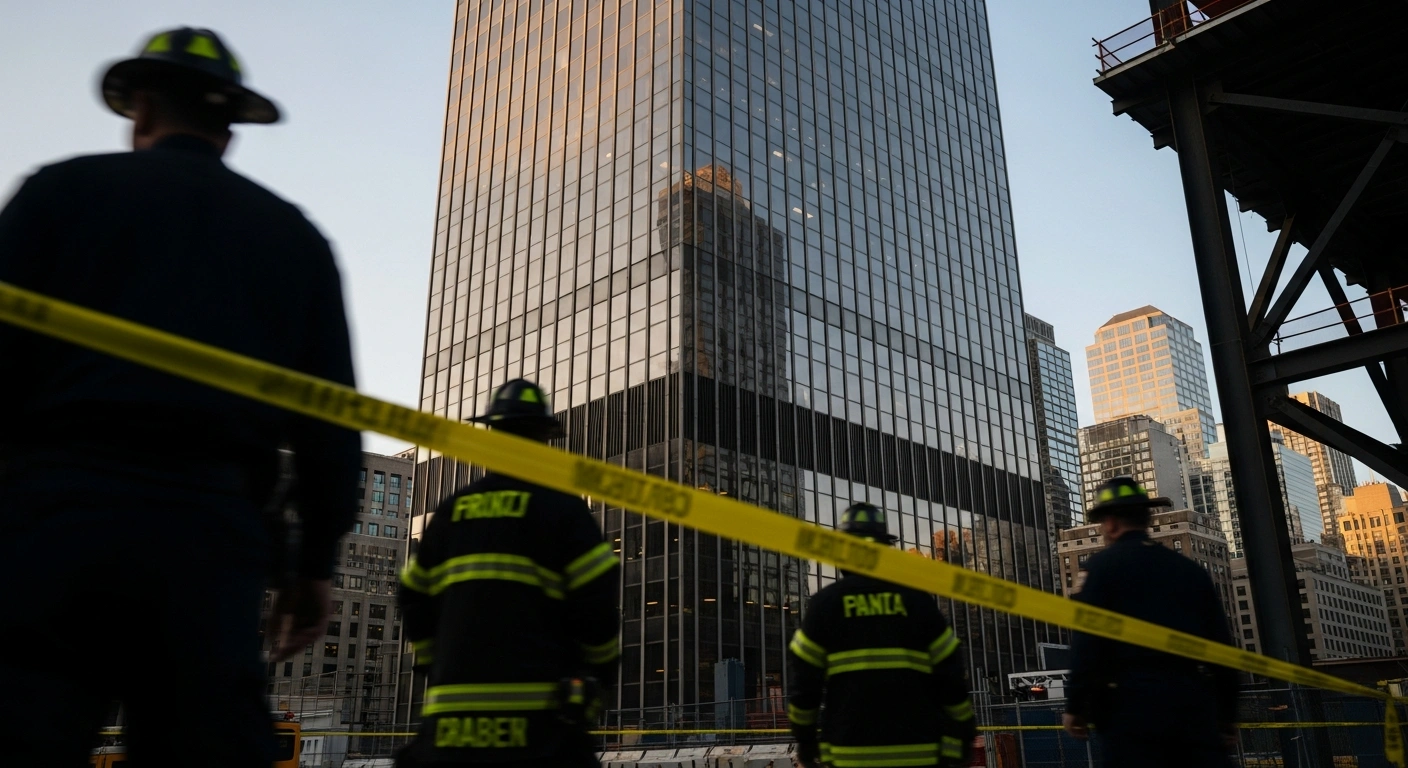 Emergency responders stand behind caution tape in Midtown Manhattan while engineers inspect a high-rise building for structural damage.