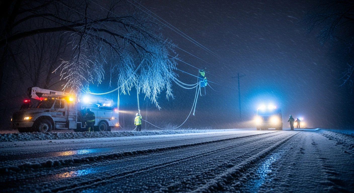 Utility crews work to restore power lines along a snow-covered road in Wisconsin following a severe winter storm that caused widespread outages.