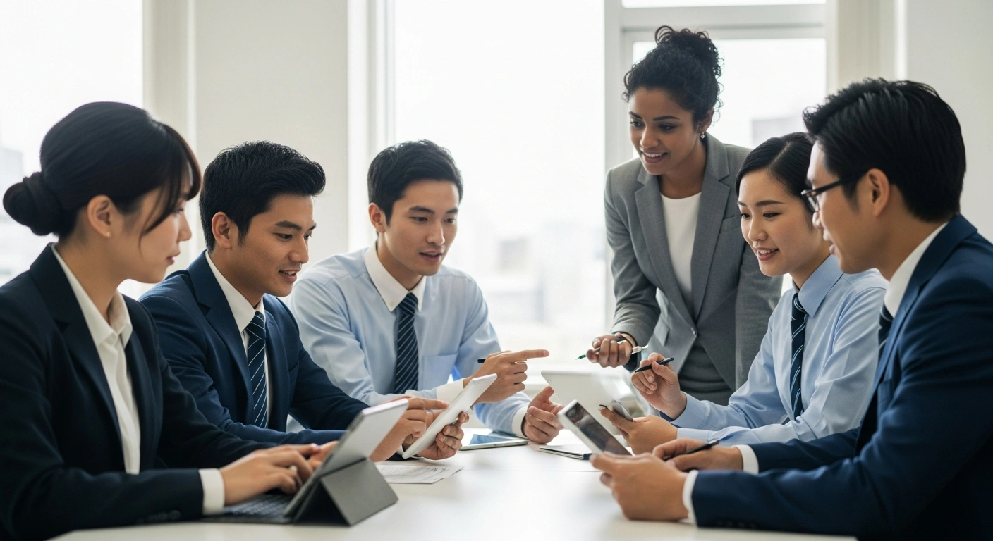 A diverse team of professionals works together in a modern Mie Prefecture government office, representing the prefecture's commitment to inclusive hiring practices for foreign nationals.