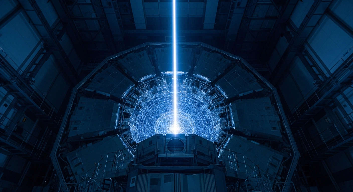 A futuristic particle detector within a vast, dark laboratory is illuminated by a focused beam of ethereal blue light, revealing a subtle quantum interaction and shimmering energy, symbolizing the direct observation of the Migdal effect for detecting dark matter particles.