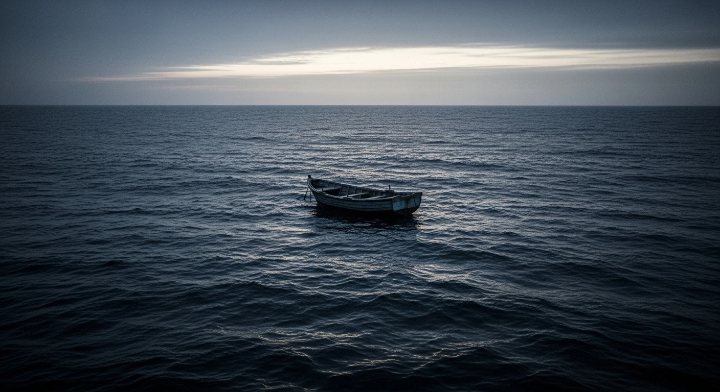 A small, overcrowded boat drifts on the vast Atlantic Ocean, representing the dangerous migration routes toward the Spanish coast.