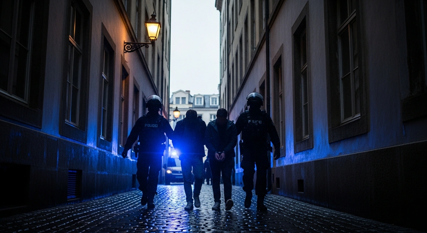A low-angle, rain-slicked image depicts law enforcement officers leading two handcuffed individuals through a dark European alleyway, symbolizing the dismantling of a criminal network responsible for smuggling nearly 900 migrants into Europe, following a joint German-French operation.