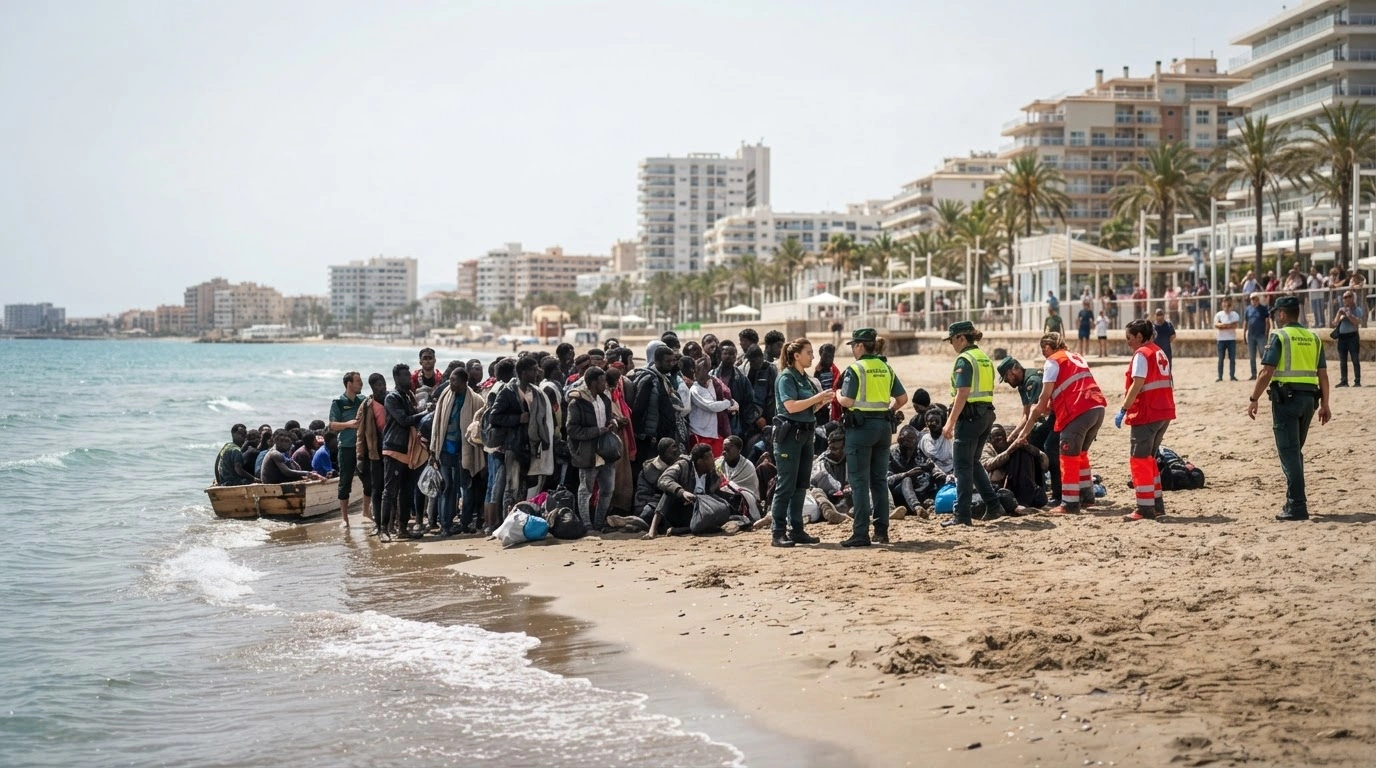 Emergency responders assist a group of migrants who arrived on a beach near the La Manga Club in Murcia, Spain.