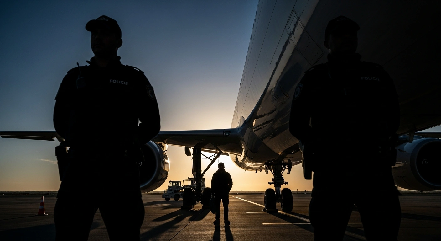 A Dominican national, Miguel Ángel Álvarez García, accused of murder and illegal arms possession, is escorted by uniformed authorities on an airport tarmac after being extradited from Spain to the Dominican Republic.