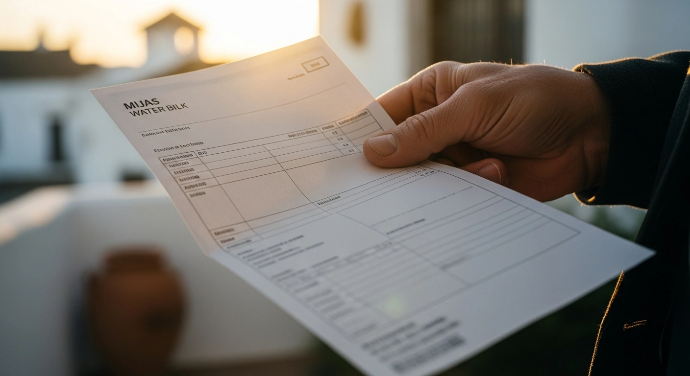 A close-up image shows a hand holding a water bill, set against a softly blurred background of traditional Mijas architecture, representing the local council's approval of a 20% rise in water bills from July to fund Acosol's infrastructure improvements based on CPI.