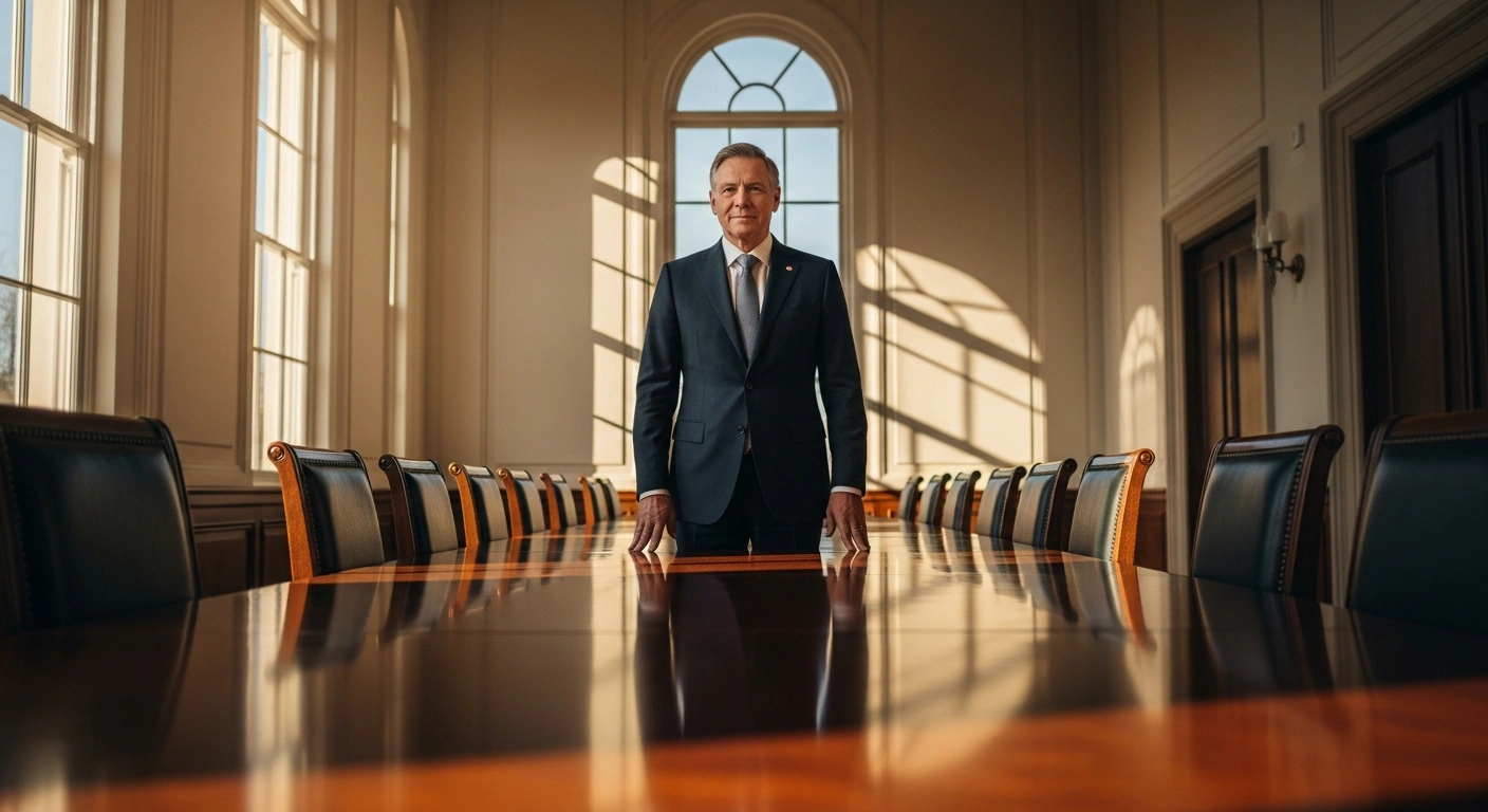 A distinguished man, representing Mike Stuart, stands confidently at the head of a long, polished mahogany table in a grand, sun-drenched government office, symbolizing his confirmation as General Counsel for the Department of Health and Human Services in the Trump administration, bringing extensive legal and governmental experience.