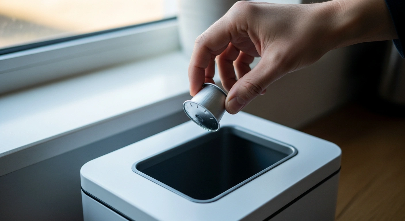 A person places an aluminum coffee capsule into a household recycling bin as part of a new waste management initiative in Milan.