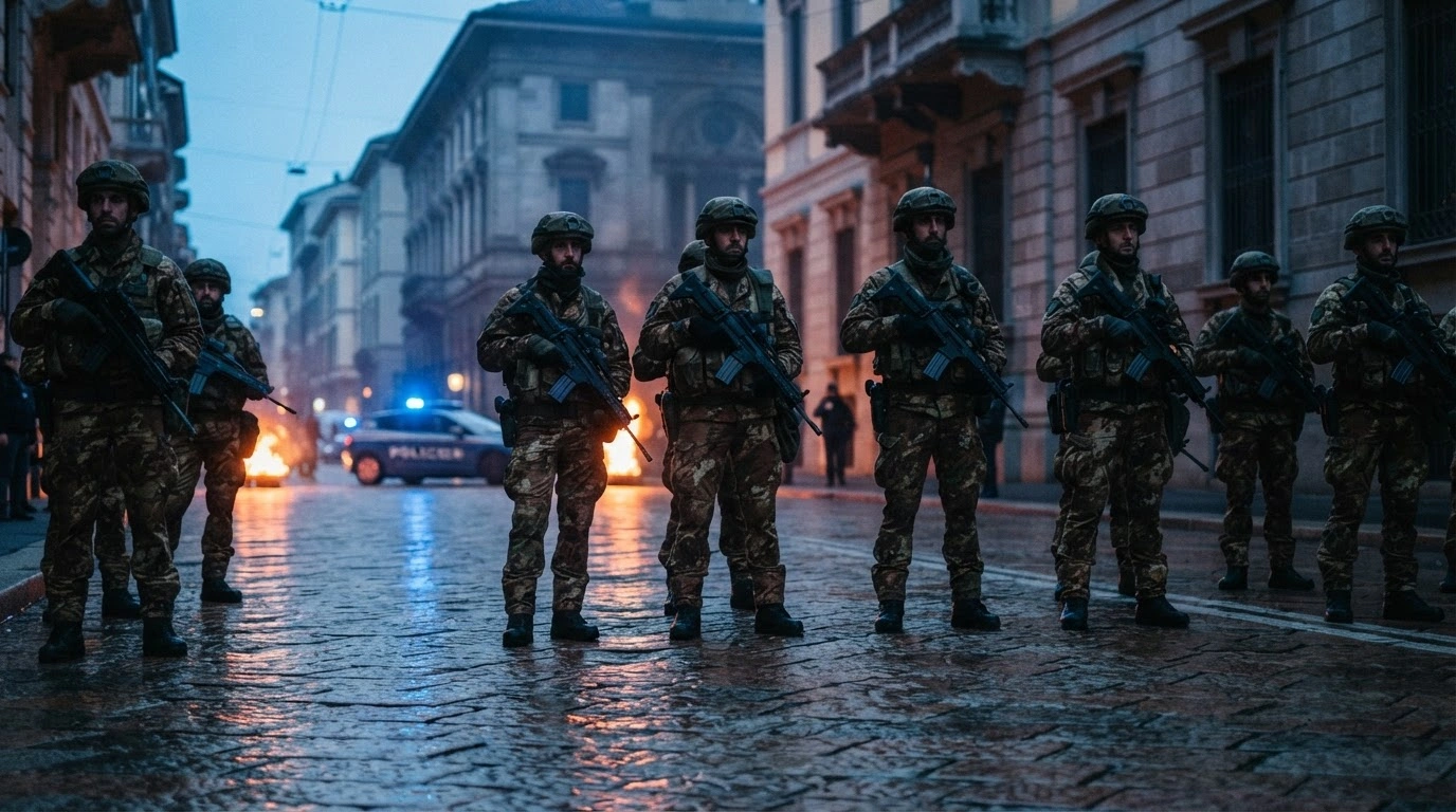 Italian army soldiers stand guard on a street in Milan to maintain public order following recent protests and looting.