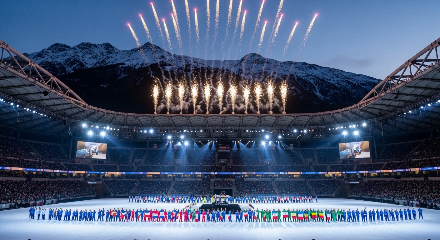 A wide, elevated view of a grand stadium in the Italian Alps at twilight, illuminated by spotlights and fireworks, showcasing a diverse procession of athletes during the spectacular opening ceremony of the Milan Cortina 2026 Winter Olympics.