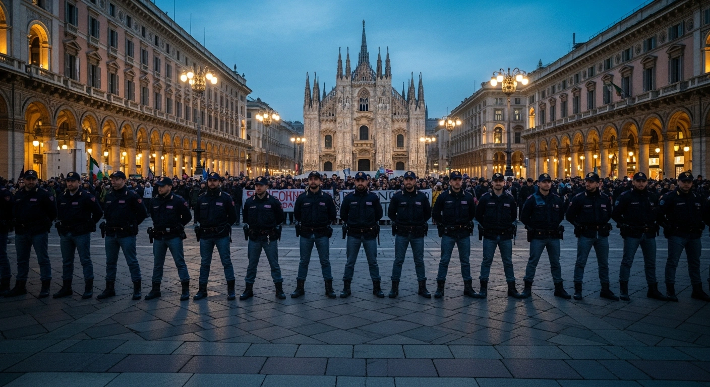 Police officers maintain security and order in a Milan plaza during separate demonstrations held by pro-Israel and pro-Palestine groups.