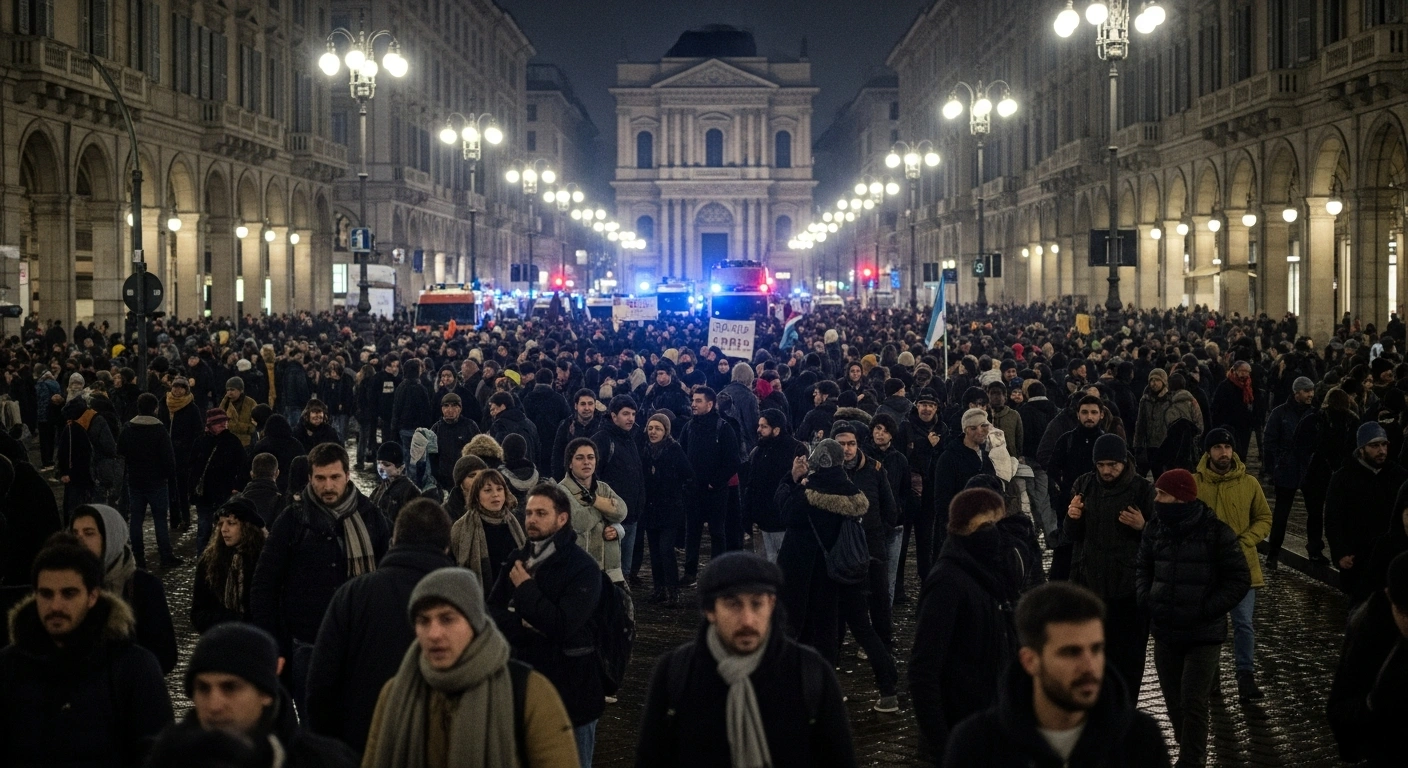 An elevated, wide-angle view captures a chaotic street protest in Milan during the 2026 Winter Olympics, where diverse demonstrators, illuminated by streetlights and emergency vehicle lights, are seen protesting the involvement of US Immigration and Customs Enforcement (ICE) and Israel, amidst a cold, tense atmosphere.