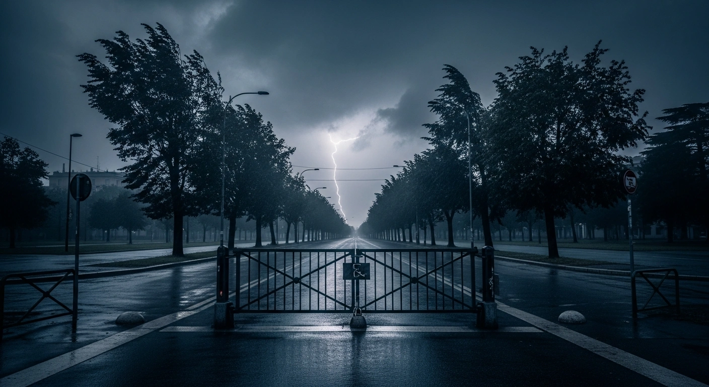 A deserted, wind-swept street in Milan is blocked off with locked gates as the city prepares for severe thunderstorms and high winds.