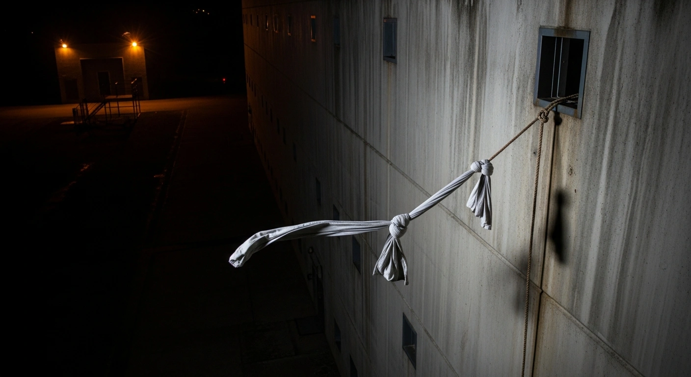 A high-angle, moonlit view of a high-security prison wall at night, showing a makeshift rope of knotted bedsheets dangling from a cell window, indicating the recent escape of an inmate like Taulant Toma from Milan's Opera Prison.