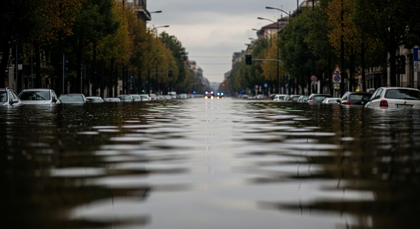 A wide, low-angle shot depicts a heavily flooded street in Milan, reflecting an overcast sky, with submerged vehicles and distant emergency lights, illustrating the widespread disruption caused by the overflowing Seveso and Lambro rivers in the Lombardy region.