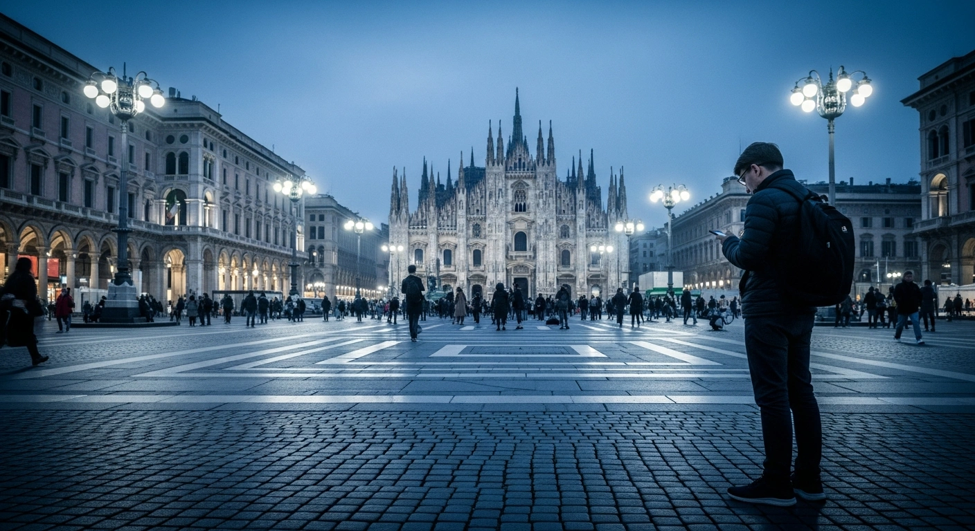 A traveler stands in a historic Milan square during a security alert as crowds gather in the background.