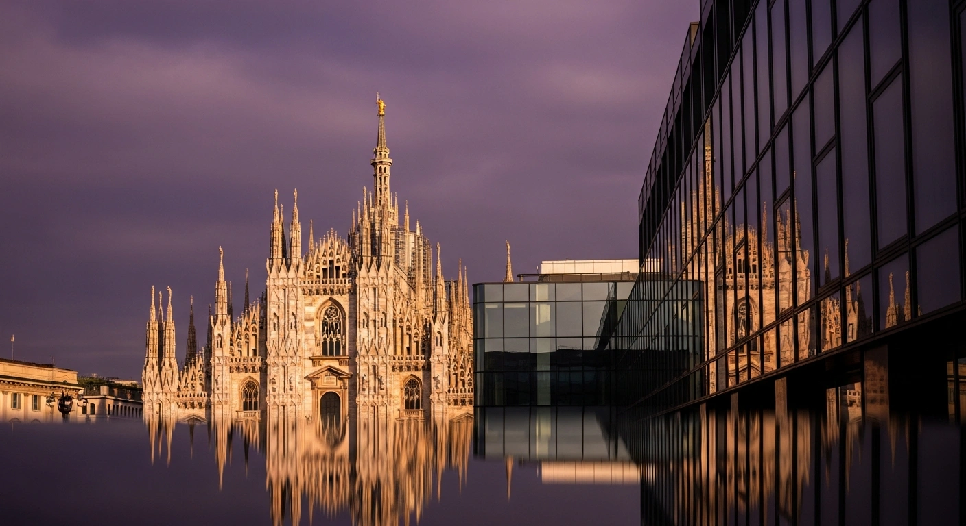 A low-angle view of the Milan Duomo at golden hour, with a luxurious hotel facade reflecting the city, symbolizing the new tourist tax rates for luxury accommodations funding the Milan-Cortina 2026 Winter Olympics.