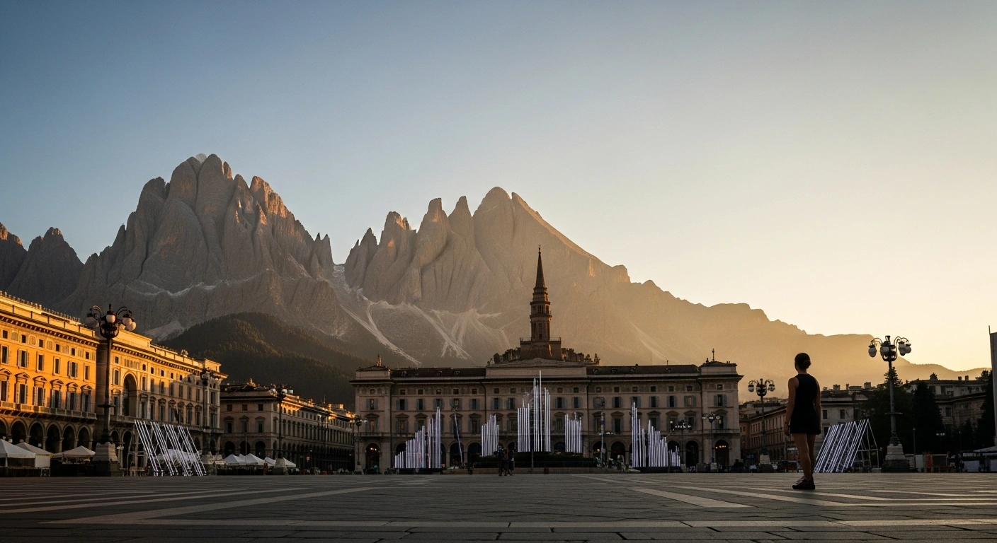 A wide-angle view at sunset shows snow-capped Dolomite peaks in the background and a historic Italian piazza in the foreground, subtly illuminated with modern lighting, symbolizing the Milano Cortina 2026 Winter Olympics in Italy.