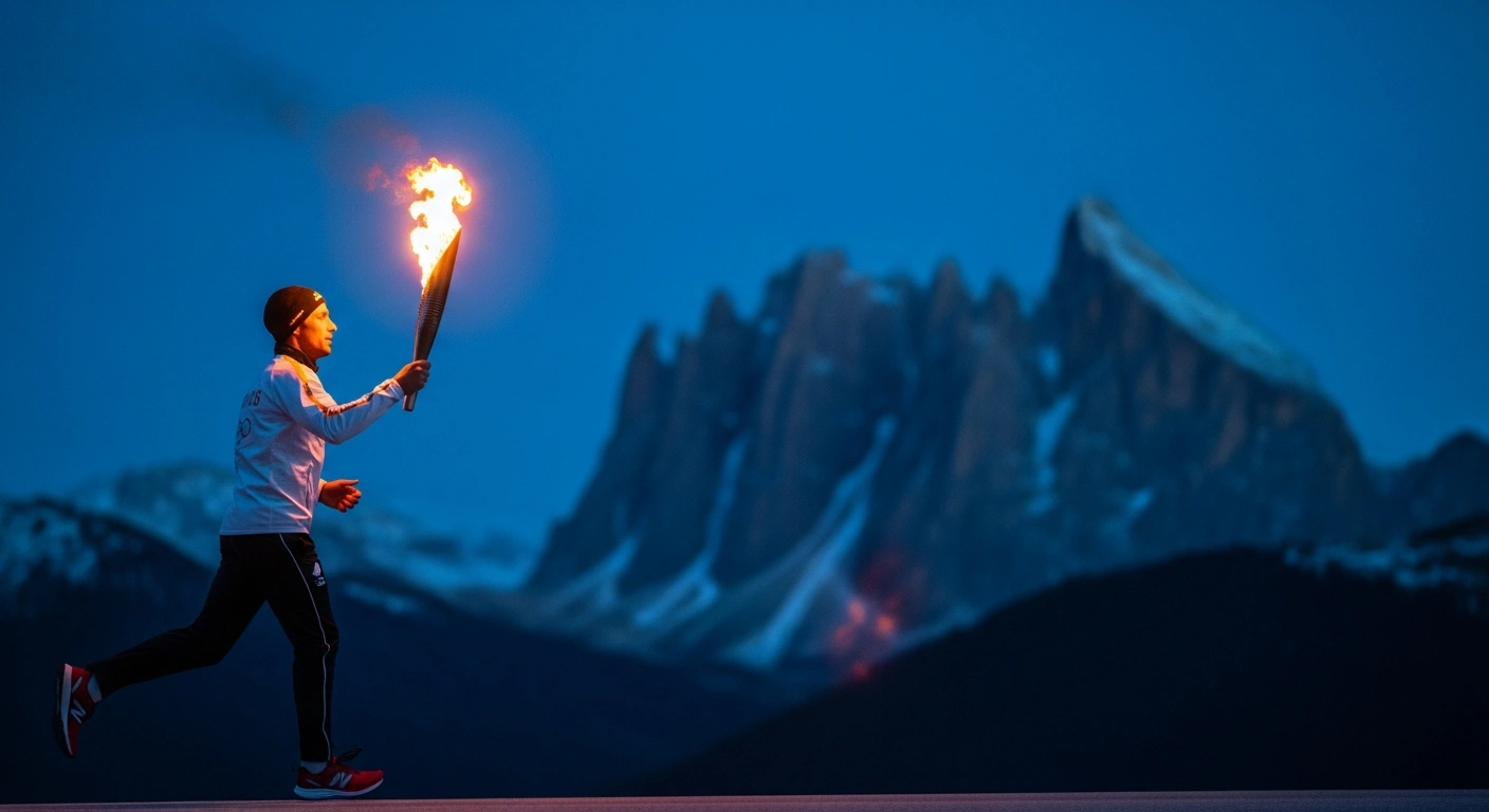 A determined torchbearer carries the brightly burning Olympic flame at twilight, with the snow-capped Dolomites in the background, symbolizing the extensive 12,000-kilometer relay route across Italy for the Milano Cortina 2026 Winter Olympics.