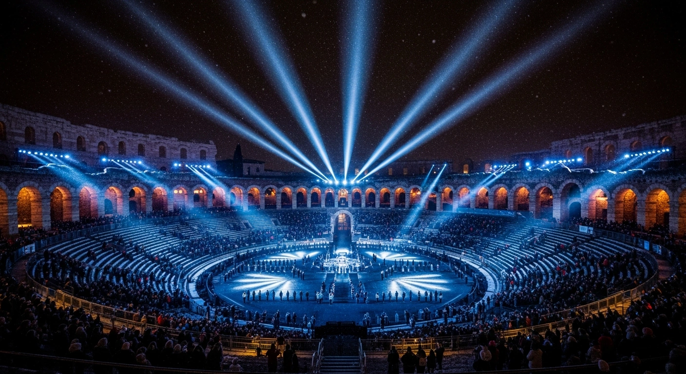 A wide-angle, elevated view of the historic Verona Arena at night, illuminated by sapphire and silver spotlights during the spectacular closing ceremony of the Milano-Cortina 2026 Winter Olympics, with a light snowfall adding to the majestic atmosphere after 17 days of competition across northern Italy.