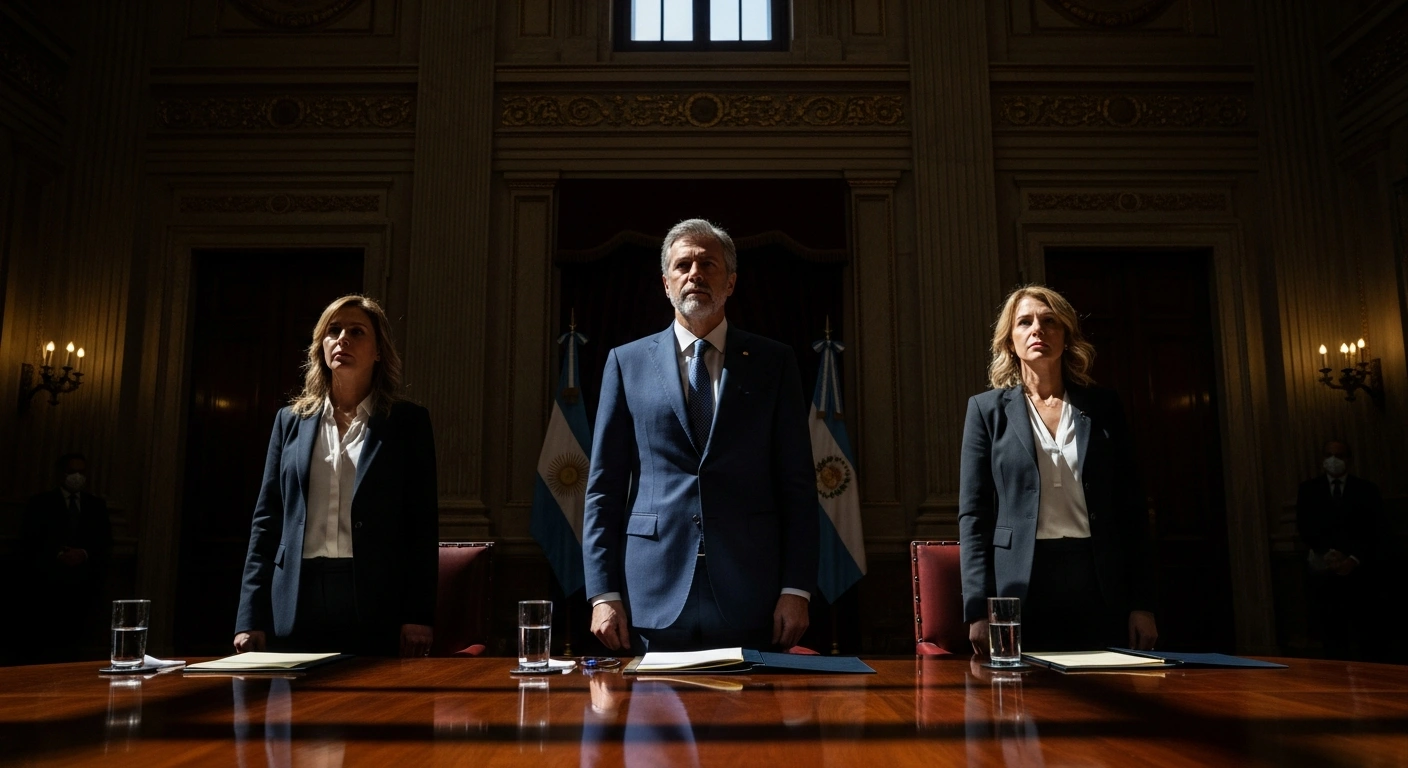 President Javier Milei stands at a dark wood table in a grand presidential chamber, flanked by a stern-faced Karina Milei and Patricia Bullrich, symbolizing the recent cabinet restructuring in Argentina that enhances their power and control.