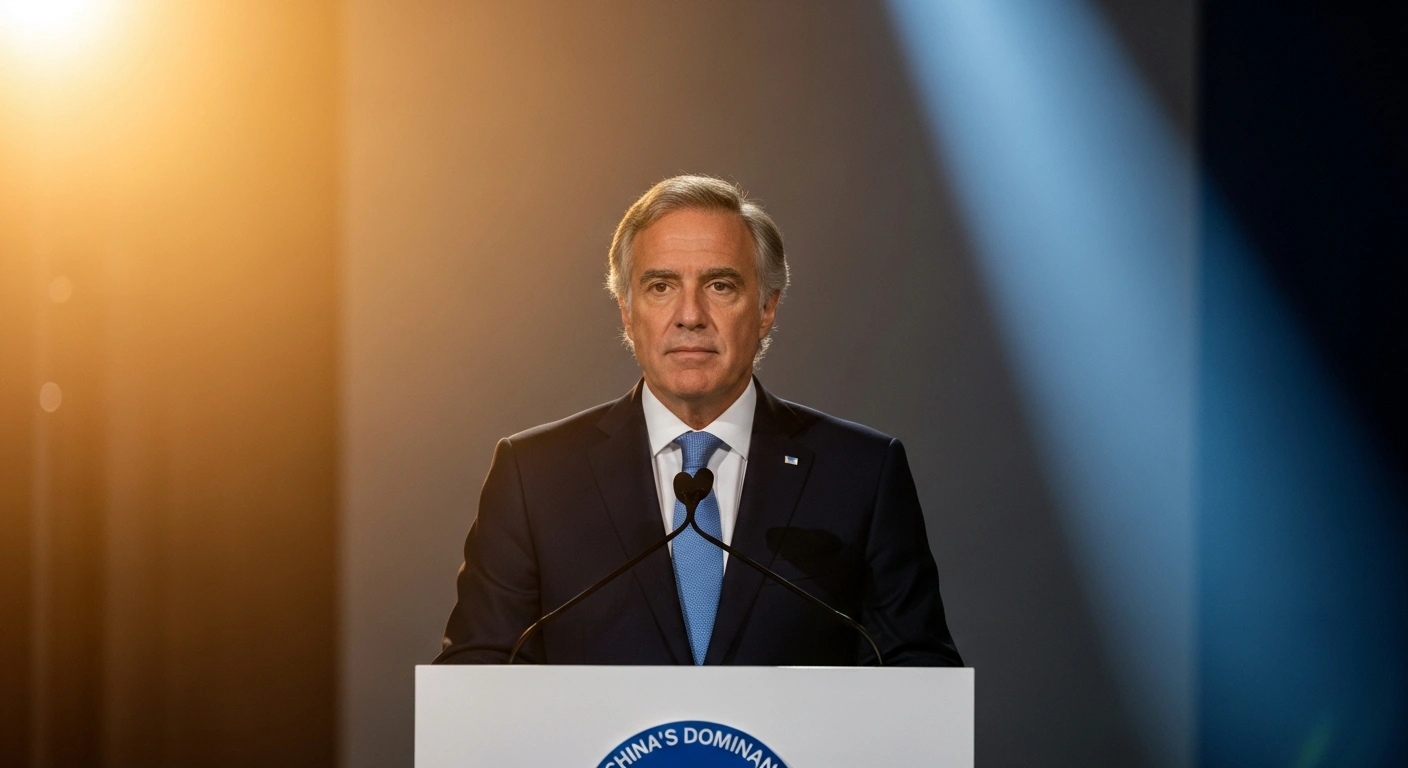 Argentine President Javier Milei stands at a podium, illuminated by symbolic golden and cool lights representing China and the United States, illustrating his nation's geopolitical and economic balancing act between the two global powers.