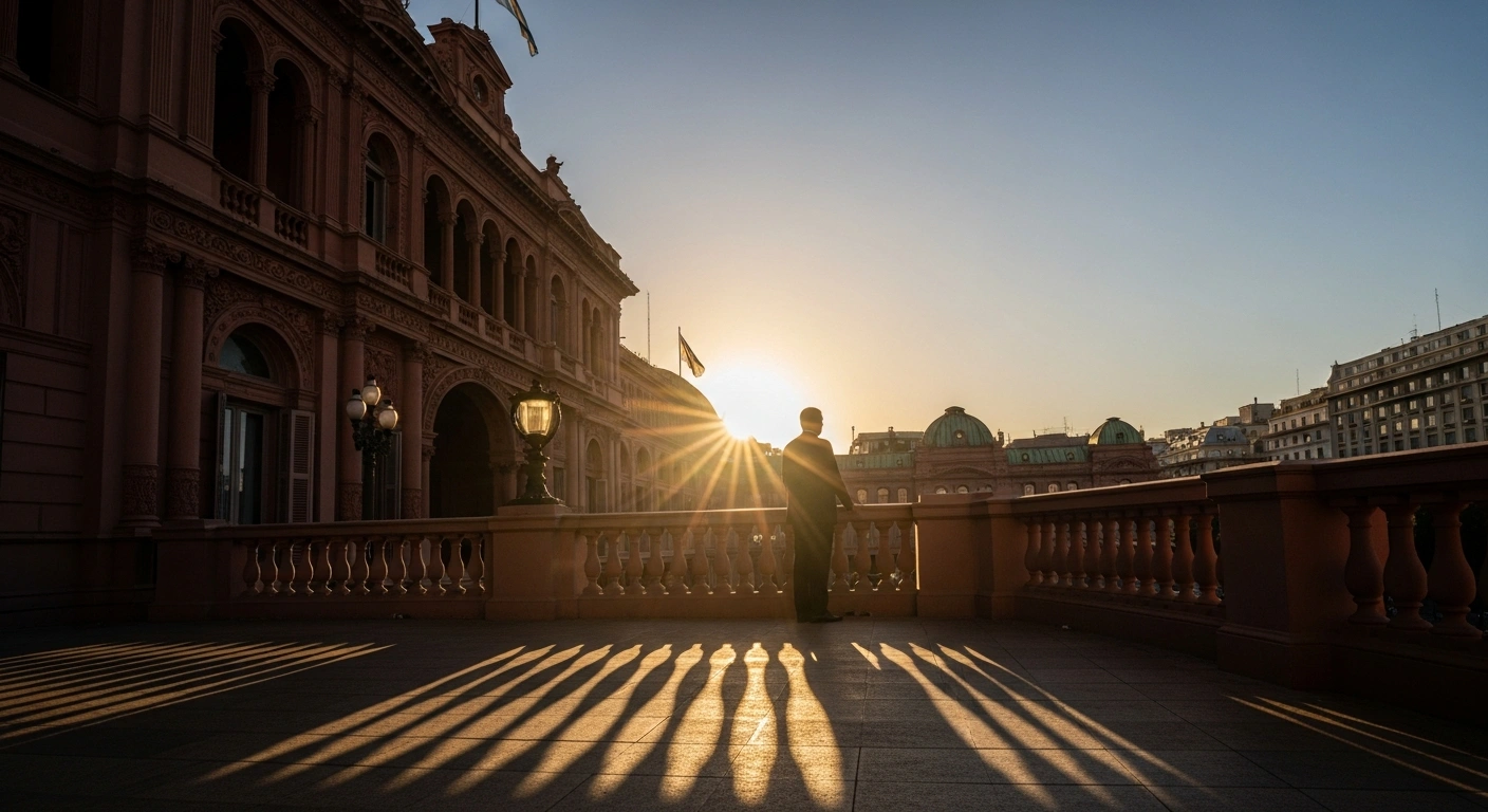 A wide, low-angle shot of the Casa Rosada in Buenos Aires, Argentina, at sunrise, with a presidential figure silhouetted on the balcony, symbolizing the significant surge in public confidence for President Javier Milei's government.