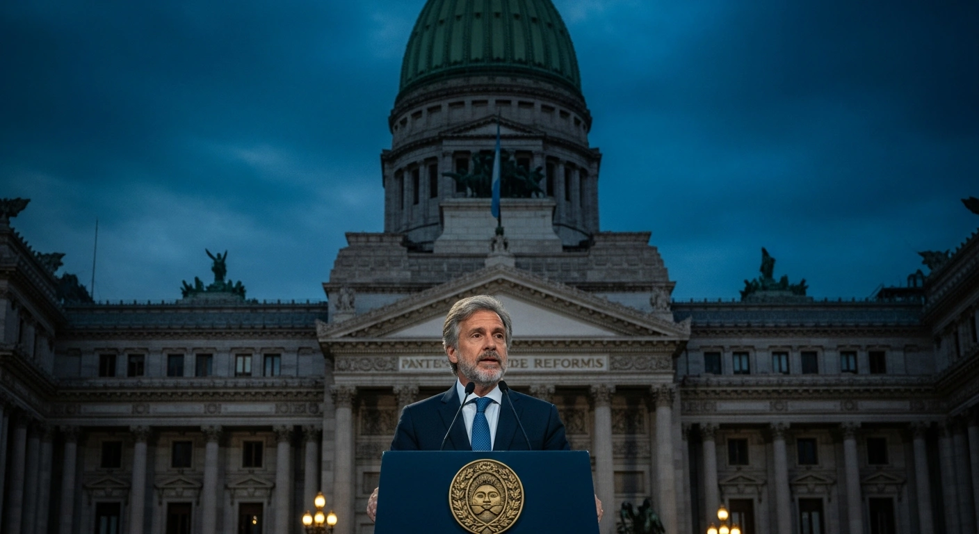 President Javier Milei stands at a grand podium, dramatically illuminated by a spotlight against the imposing facade of the National Congress building at twilight, delivering a powerful address outlining his sweeping agenda of austerity and libertarian reforms for Argentina's ordinary sessions of Congress on March 1, 2024.