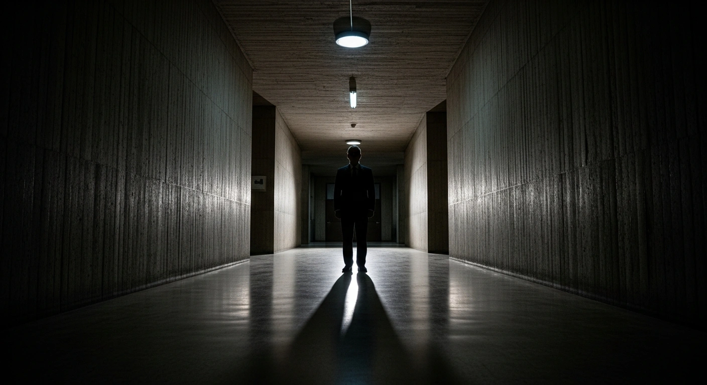 An imposing, shadowy figure in a dark suit stands in a stark, dimly lit brutalist government corridor, symbolizing the controversial new powers granted to Argentina's State Intelligence Secretariat (SIDE) under President Javier Milei's emergency decree, Decree 941/2025.