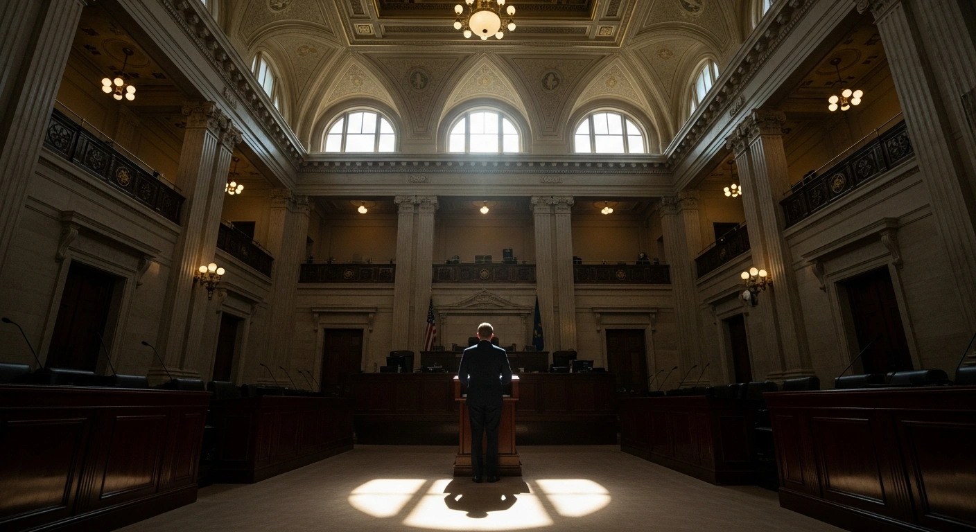 A dramatic low-angle wide shot inside a majestic legislative chamber, illuminated by golden light and a spotlight, shows a lone figure on a raised podium, symbolizing President Javier Milei's 2026 Budget bill nearing Senate approval in Argentina, marking a significant legislative victory.