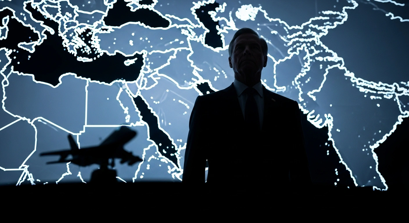 Argentine President Javier Milei stands in a dimly lit room with a map of the Middle East in the background, representing his administration's potential military alignment with the United States.