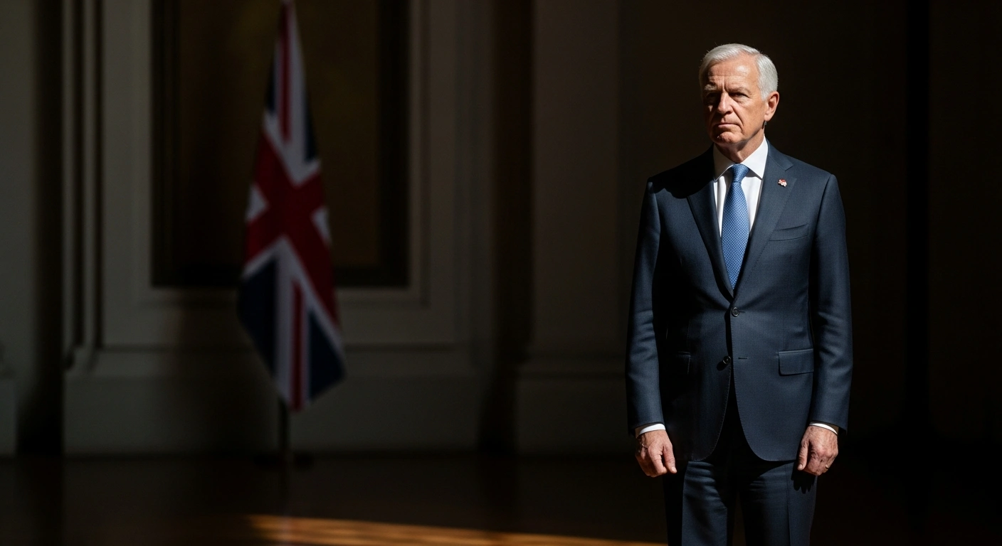 A photorealistic image shows Argentine President Javier Milei standing on a dimly lit stage, his face illuminated by dramatic lighting, with the blurred colors of a British flag visible in the background, representing his historic visit to the United Kingdom.