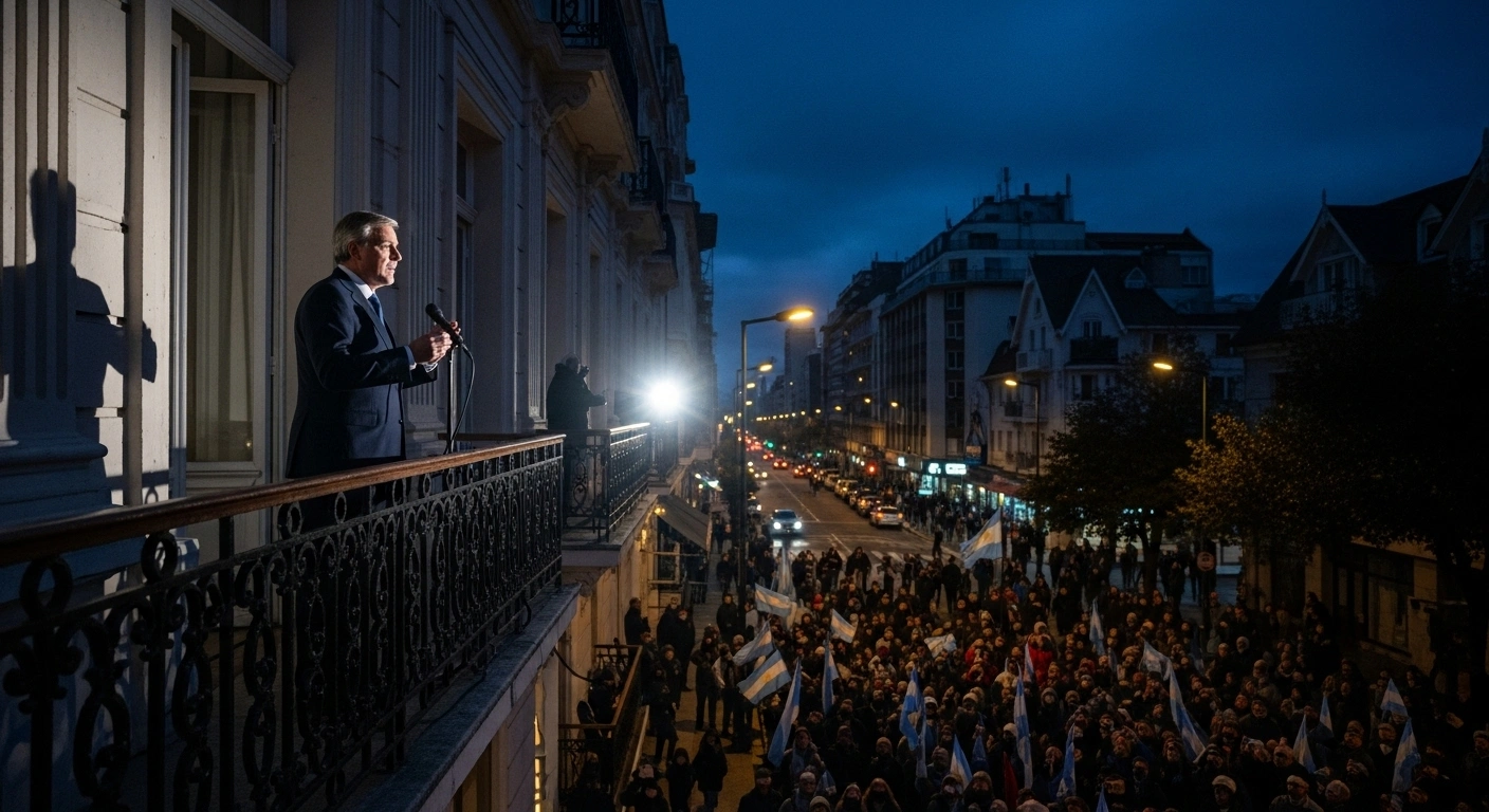 President Javier Milei, illuminated by a spotlight, addresses a crowd from a hotel balcony in Ushuaia, Tierra del Fuego, with a visible mix of supporters and agitated protestors on the street below, reflecting the altered campaign activities.