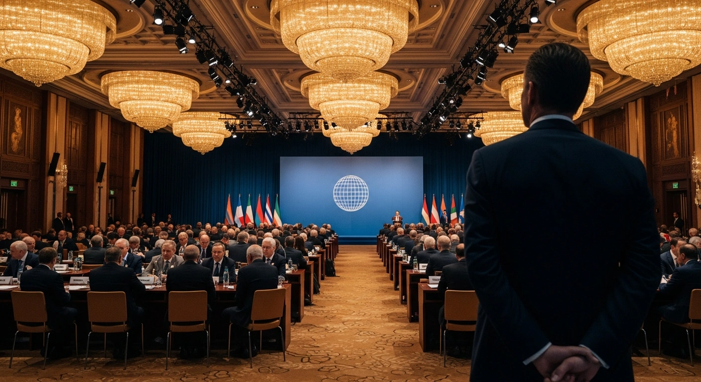 A solitary, sharply dressed figure stands in cool shadow, subtly detached from a brightly lit, bustling international summit hall filled with world leaders, symbolizing Argentine President Javier Milei's withdrawal from the 2025 G20 Leaders' Summit in Johannesburg, South Africa, where Argentina will be represented by its Foreign Minister and G20 Sherpa, a decision echoing former US President Donald Trump's actions.