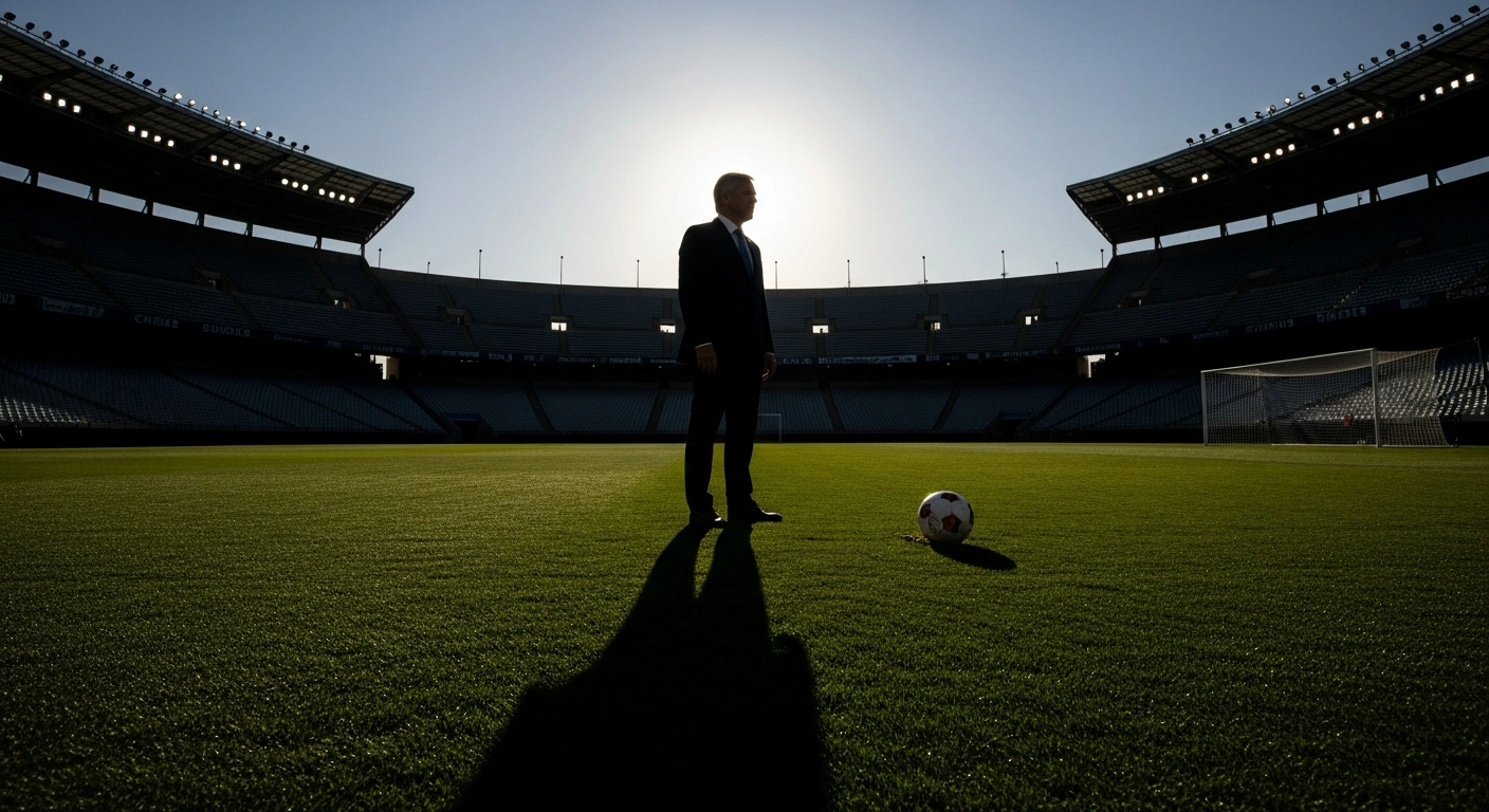 Argentine President Javier Milei stands alone on a dimly lit football pitch at dusk, a deflated football at his feet, symbolizing his canceled trip to the 2026 FIFA World Cup draw and his ongoing feud with the Argentine Football Association over club privatization.