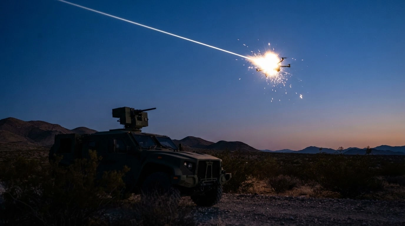 A U.S. military directed-energy laser weapon intercepts and destroys a drug cartel drone over the southern border at twilight.