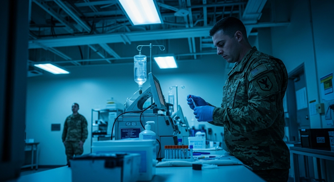A military medic prepares a blood sample for testing as part of the new mandatory testosterone screening initiative for U.S. service members.
