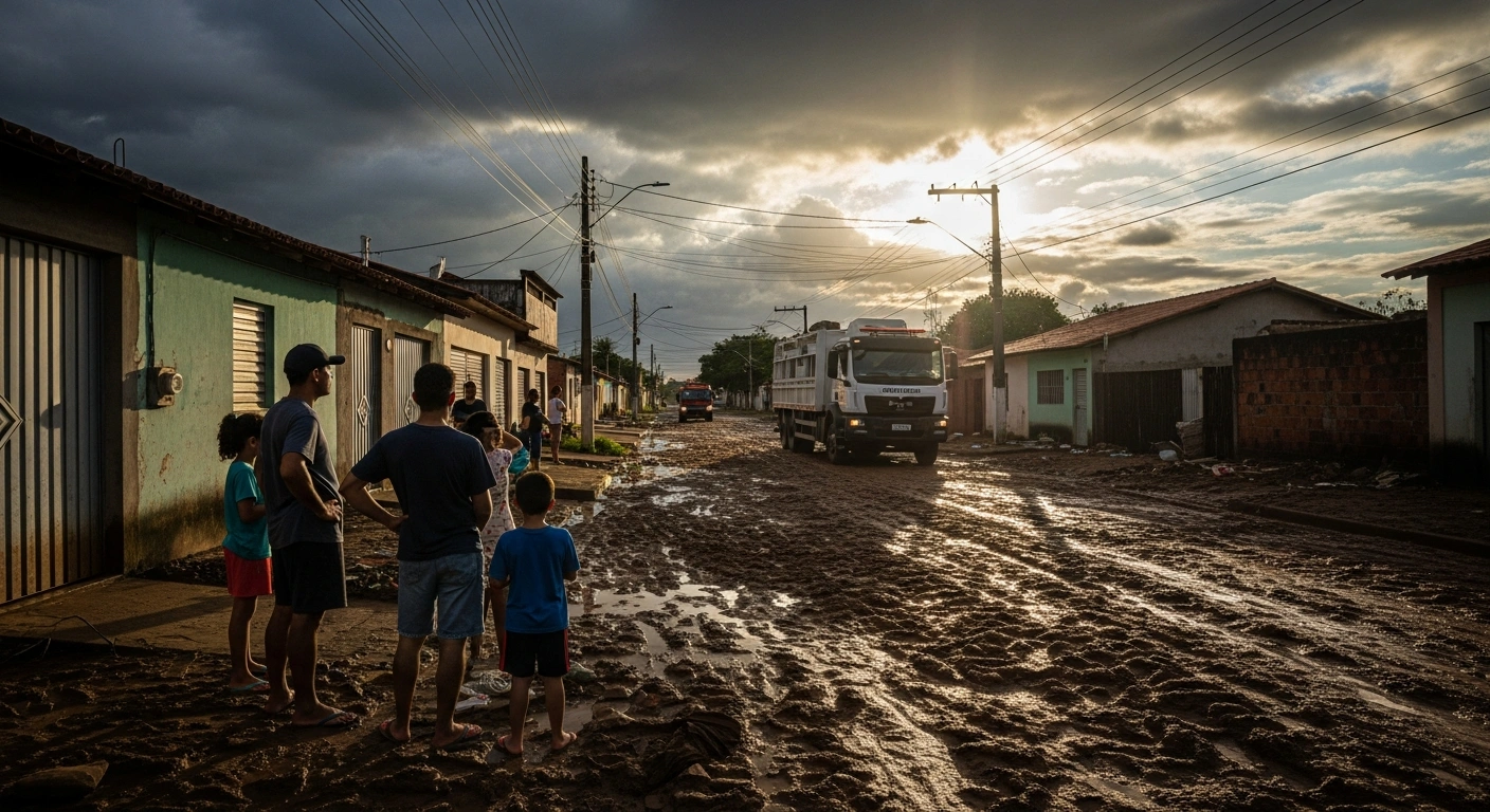 A Brazilian family stands in a flood-damaged neighborhood in Minas Gerais as government relief efforts begin following severe rainfall.
