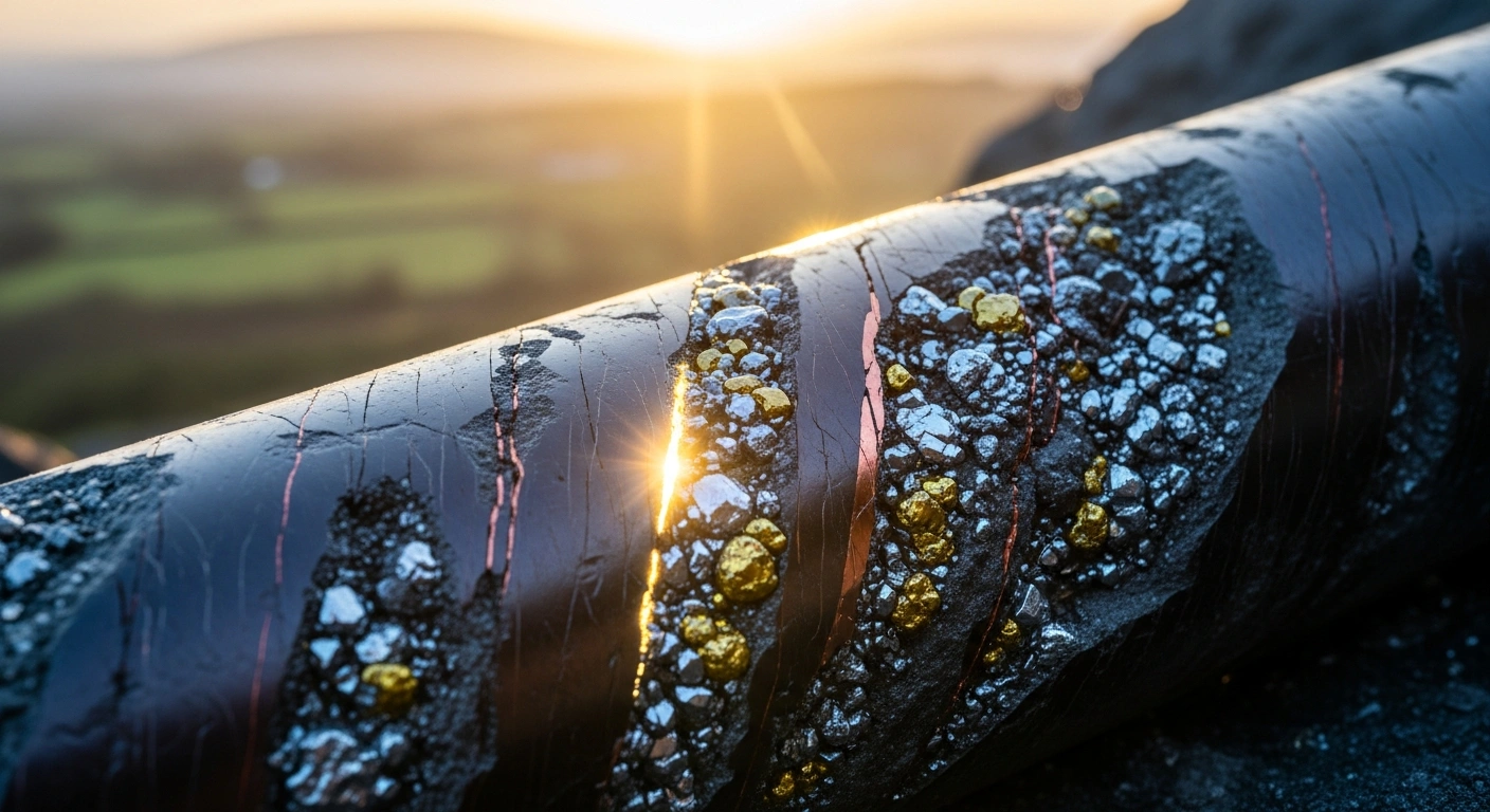 A close-up shot of a geological core sample revealing high-grade veins of zinc, lead, copper, and silver, set against a softly blurred backdrop of the misty, verdant hills of County Laois, Ireland, symbolizing Minco Exploration PLC's accelerated Rapla Project following a €1.66 million financing round.