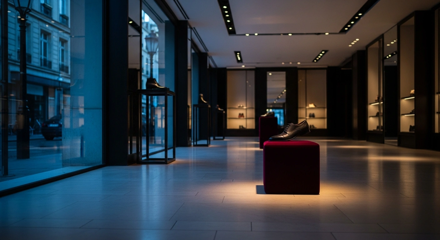 An empty, dimly lit Minelli footwear boutique in Paris reflects the company's recent entry into receivership and financial instability.