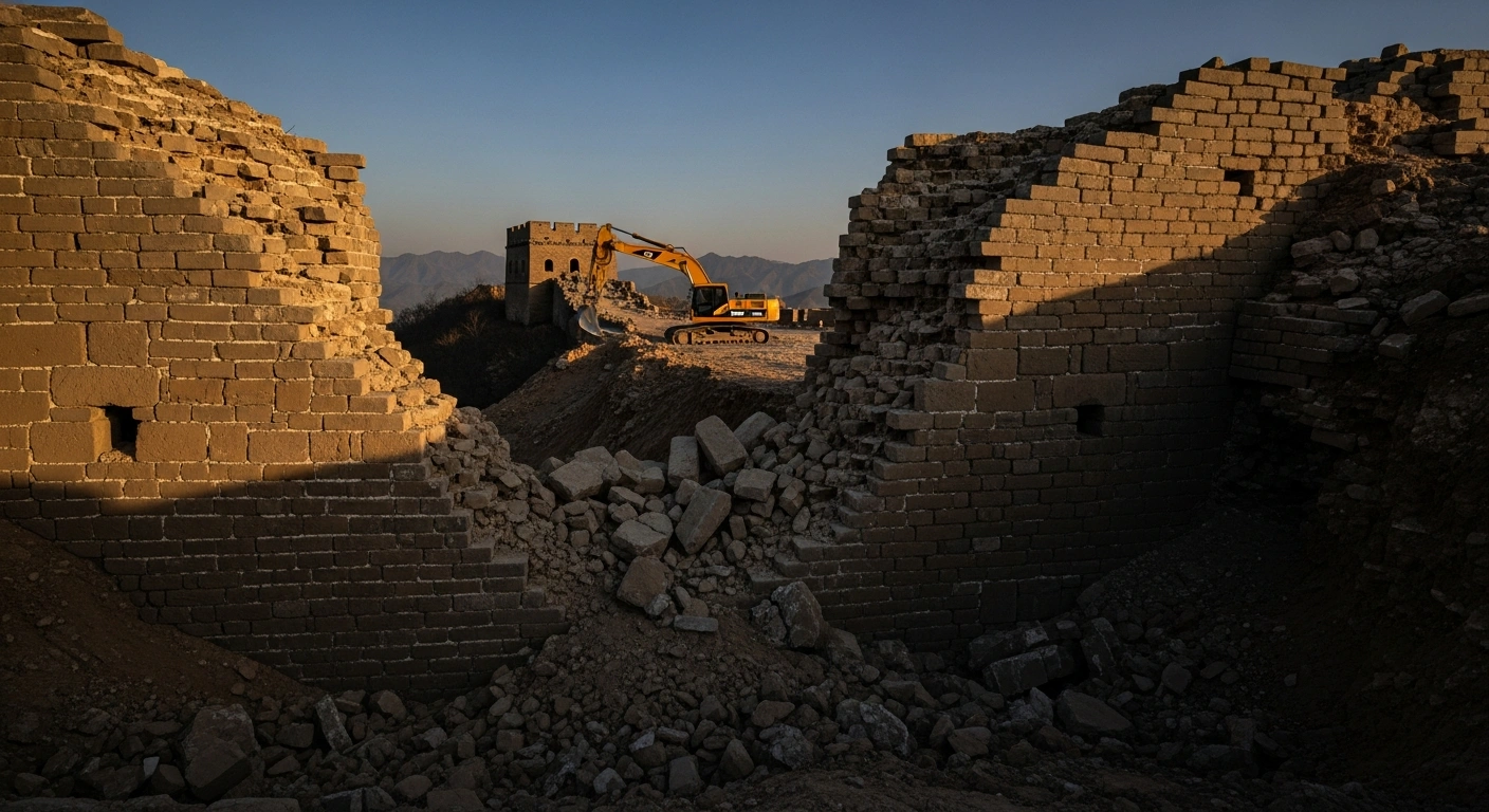 A large gap has been cut through a section of the historic Ming Great Wall in China by heavy machinery, causing significant damage to the protected structure.