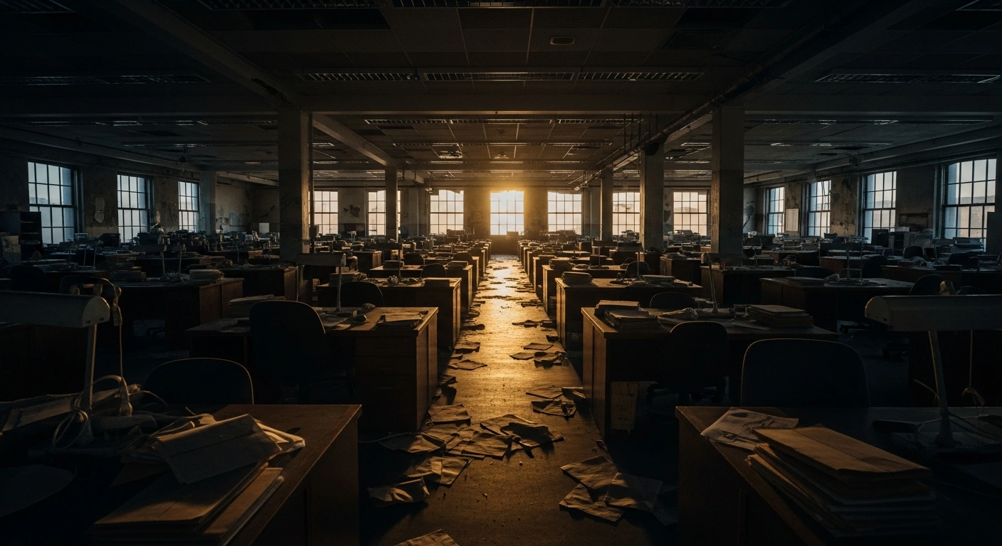 A dimly lit, empty newsroom with silent printing presses and abandoned desks, symbolizing the winding down of Canadian operations for the Chinese-language newspaper Ming Pao Daily News due to financial reasons.