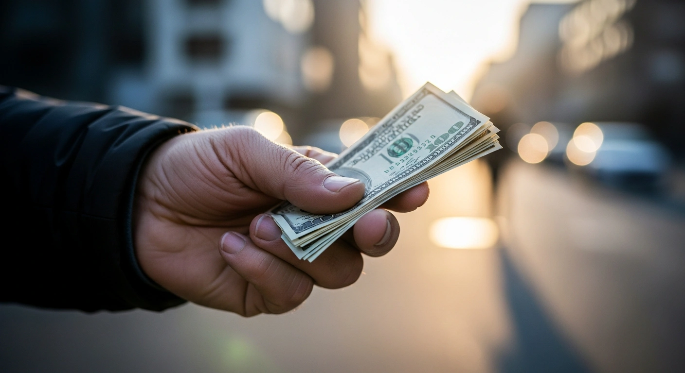 A close-up shot of a weathered hand holding a small stack of dollar bills, illuminated by soft light, against a blurred urban background, symbolizing the impact of minimum wage increases in 22 U.S. states in 2024, providing additional wages for millions of workers.