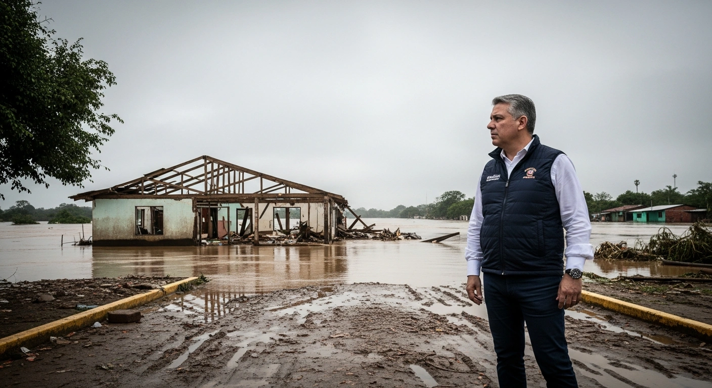 Minister Ito Bisonó surveys severe damage in Gaspar Hernández, Dominican Republic, with partially submerged homes and debris visible after the Joba River overflowed due to intense rains.